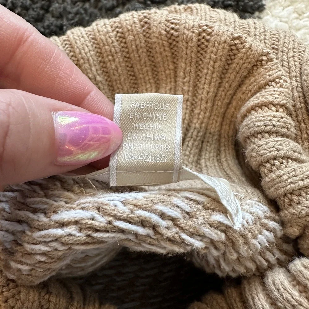 Michael Kors Turtleneck Poncho Sweater Camel‎ White Diagonal Knit Womens XL